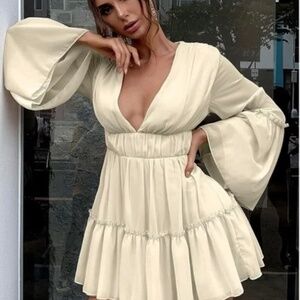 Cream Ruffled Deep V Flowing Tunic